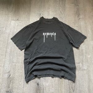 Y2K Nemesis gothic brand drip font chain graphic washed black oversized tee size